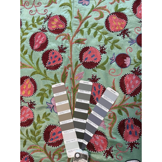 Green Silk Suzani Tapestry With Pomegranate Tree For Sale - Image 9 of 9