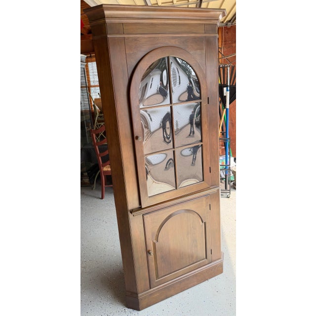 Traditional Vintage Walnut Corner Cupboards With Arched Bubble Glass & Reversible Plate-Groove Shelves For Sale - Image 3 of 11