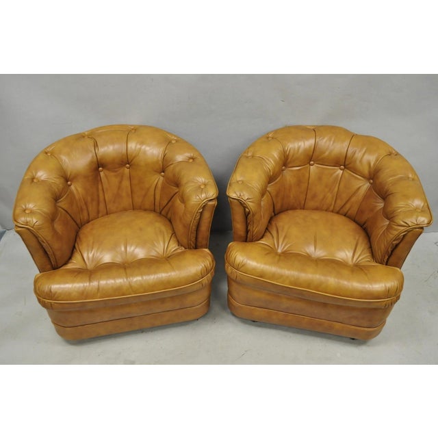 Mid-Century Modern Vintage Classic Leather Chesterfield Brown Tufted Leather Barrel Club Chair Pair For Sale - Image 3 of 14