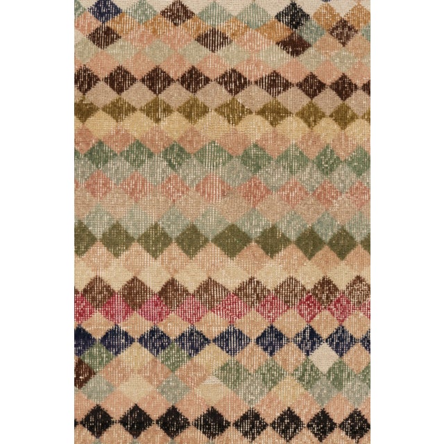 1960s Vintage Distressed Art Deco Rug in Brown, Pink and Blue Geometric Pattern For Sale In New York - Image 6 of 8