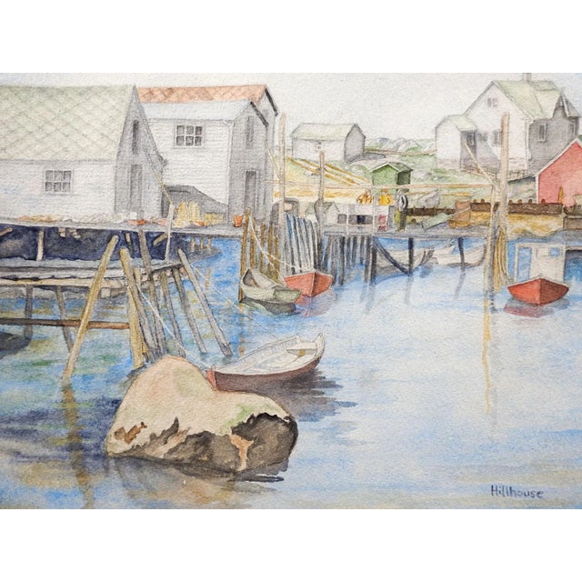 American Vintage Fishing Village & Marina Watercolor Painting For Sale - Image 3 of 5