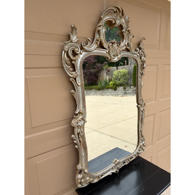 French Provincial Large French Louis XV Rococo Silver Giltwood Mirror For Sale - Image 3 of 16