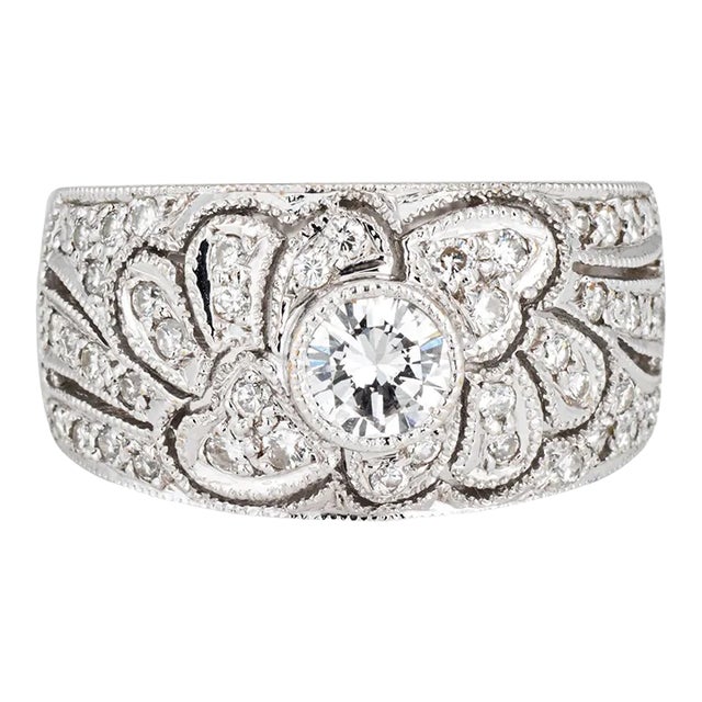 Diamond Half Band Wide Cigar Ring 18k White Gold Size 5.5 For Sale