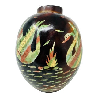 Large Vintage Peruvian Chulucanas Smoked Pottery Swan Sphere Vase For Sale