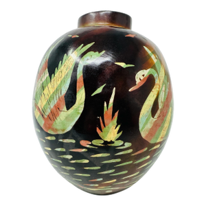 Large Vintage Peruvian Chulucanas Smoked Pottery Swan Sphere Vase