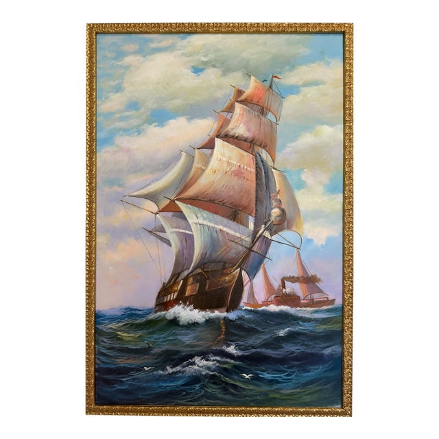 Tall Ship Seascape Oil Painting on Canvas Clipper Ship Nautical Art Framed For Sale