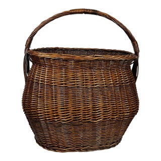Mid-Century Large Boho Chic French Country Market Wicker Basket With Handle For Sale