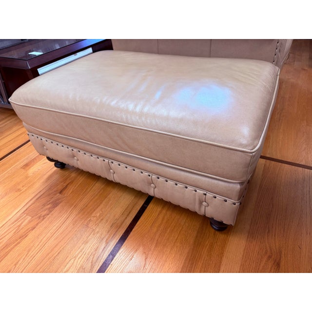 Traditional Bernhardt Tan Leather Tufted Chesterfield Club Chair and Ottoman For Sale - Image 3 of 6