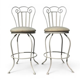 Vintage Textured Iron Boho Swivel Bar Stools - a Pair For Sale