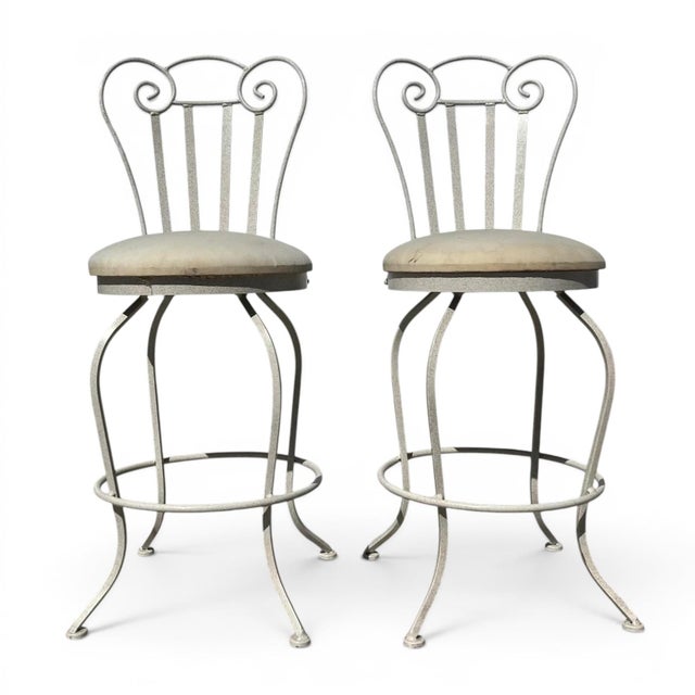 Vintage Textured Iron Boho Swivel Bar Stools - a Pair For Sale