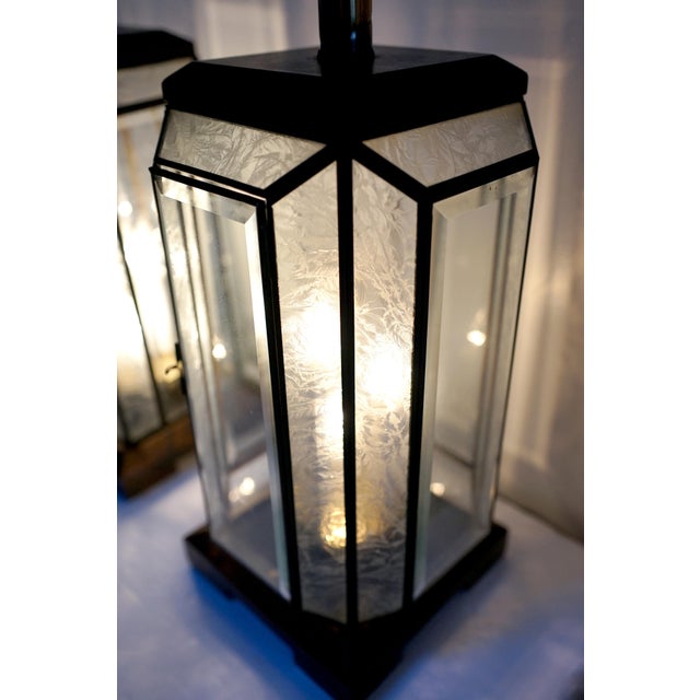 1960s Art Deco Style Mid Century Etched Glass Lead Table Lantern Lamp - set of 2 For Sale - Image 10 of 10