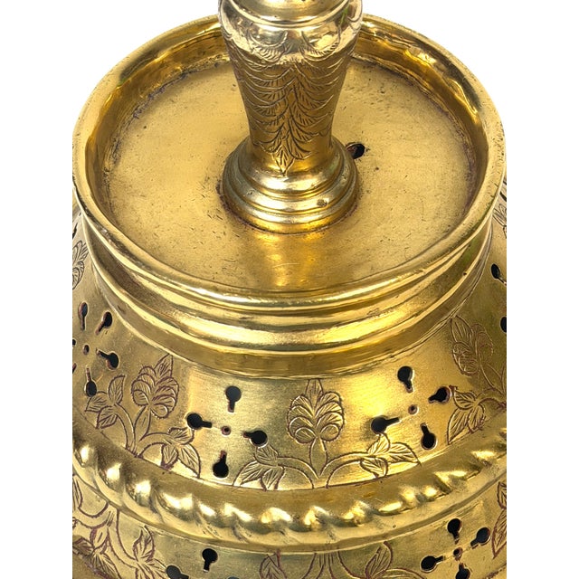 Large Dutch Baroque Engraved & Pierced Brass Chamber Candlestick Ventilated Base For Sale - Image 14 of 18