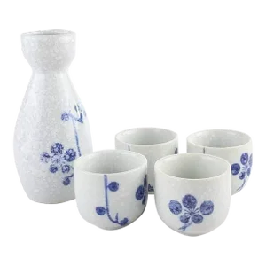 Japanese Blue and White Sake Cups Flask Set Spring Cherry Blossom Floral Asian Chinese