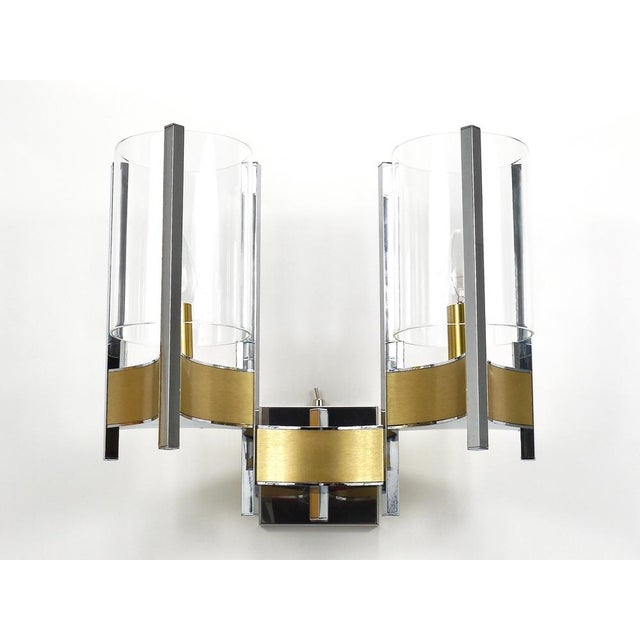 Large Wall Sconces in Chrome, Brass and Glass attributed to Gaetano Sciolari, 1970s, Set of 2 For Sale - Image 9 of 18