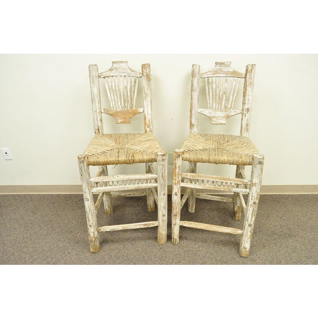 2 Rustic Country Log Cabin Wood Branch Rush Seat Bar Stools Chair