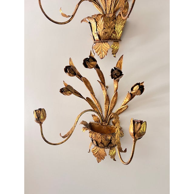 Metal 1960s Pair of Italian Gilt Tole Candle Sconces For Sale - Image 7 of 10