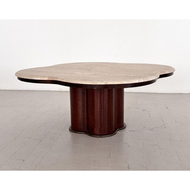 Large Mid-Century Modern Clover Coffee Table in Travertine and Dark Oak, 1970s For Sale - Image 11 of 18