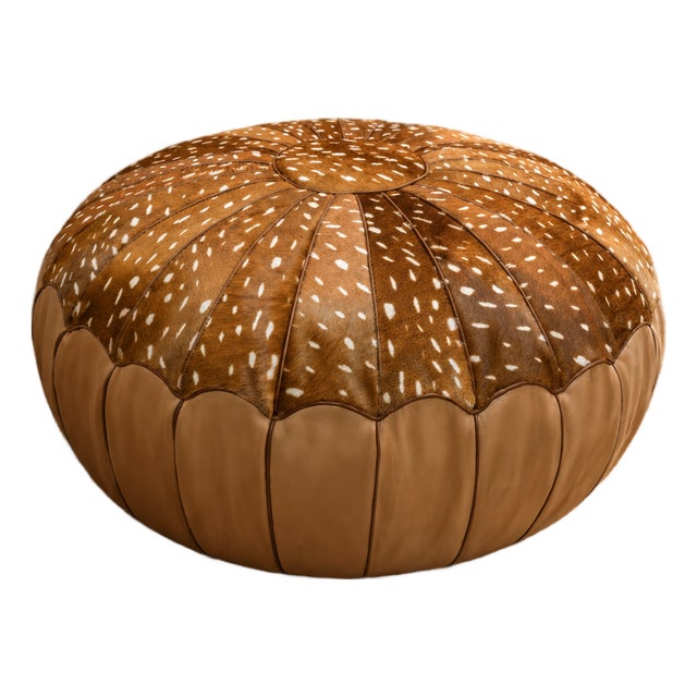 Handmade Moroccan Leather Hair-on-Hide Pouf | Luxury Boho Accent Stool For Sale