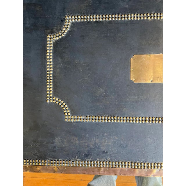 19th Century Vintage Trade Large Leather & Brass Trunk For Sale - Image 9 of 12