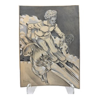 1940s Original Signed Graphite Illustration of Woman Skier With Collie, 7.5 X 10''. For Sale