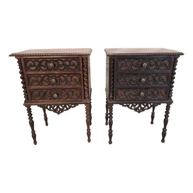 Pair of Vintage French Hand-Carved Nightstands For Sale