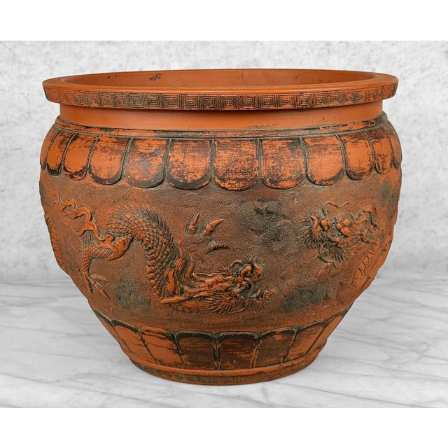 Japanese Antique 15" Japanese Red Clay Pottery Dragon Planter Pot Jardiniere For Sale - Image 3 of 12