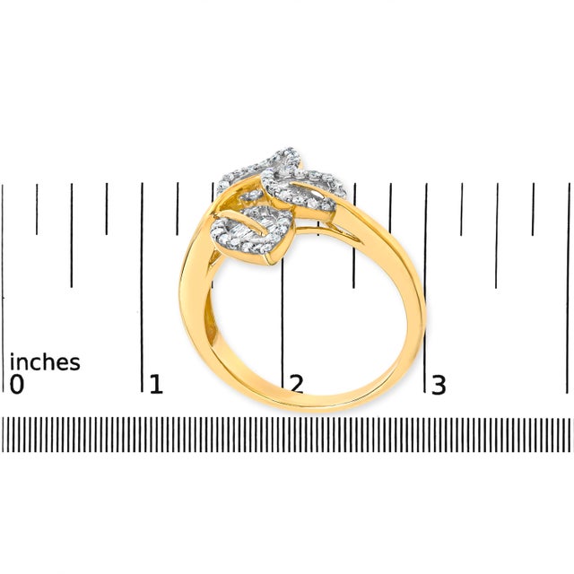 18K Yellow and White Gold Plated .925 Sterling Silver 3/8 Cttw Baguette and Round Diamond Bypass Triple Leaf Ring (I-J Color, I1-I2 Clarity) - Size 5 For Sale In New York - Image 6 of 6