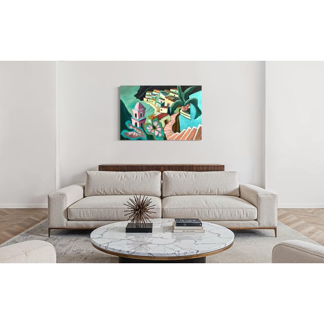 Teal Marc Zimmerman "Nuevo Vallarta" Oil Painting, Mexican Coastal Village, Pink Tower, Teal Architecture, Contemporary Art West Coast For Sale - Image 8 of 9