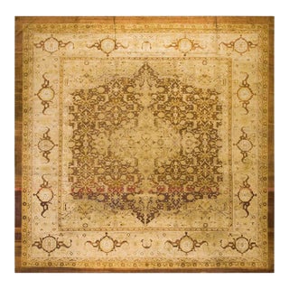 Artistic Warm Neutral Mahogany Brown Field With Medallion Design Antique Indian Agra Rug For Sale