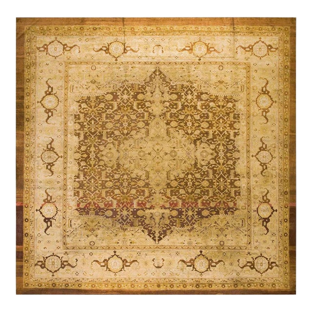 Artistic Warm Neutral Mahogany Brown Field With Medallion Design Antique Indian Agra Rug For Sale