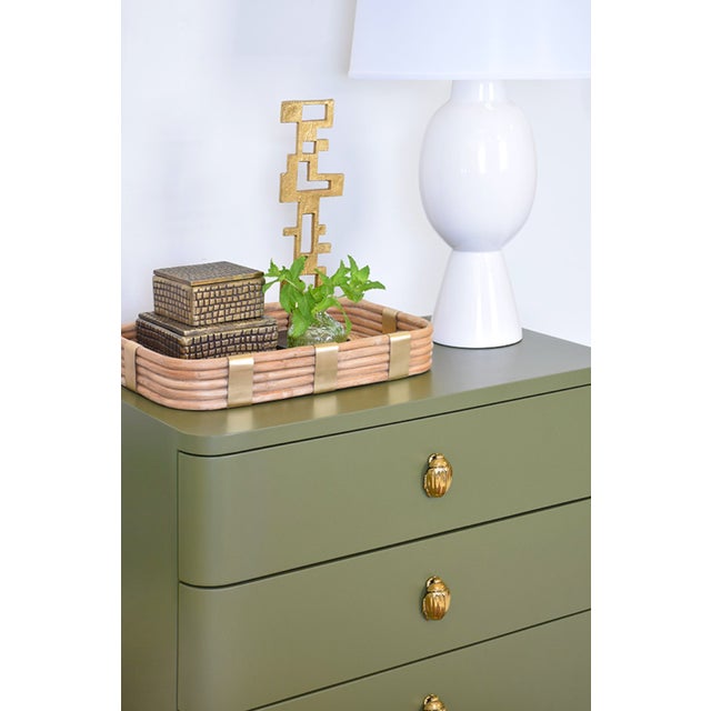 Worlds Away Matthew Izzo Home Fortune Olive Matte Lacquer Three Drawer Side Table With Brass Beetle Knobs For Sale - Image 4 of 11