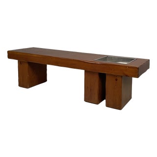 Italian Modern Wooden Bench with Metal Flowerpot, 1970s For Sale
