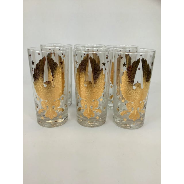 1970s Vintage Gay Fad Highball Collins Cocktail Glasses With Gilt Eagles and Stars and Frosted White Stripes For Sale - Image 5 of 5