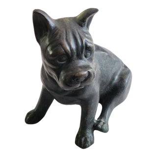 1980s Maitland-Smith Dog Sculpture Bronze Cast Metal Resting Pug Boxer Puppy Model For Sale