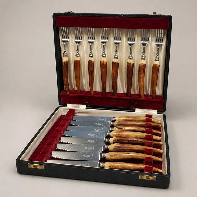 Taylor Witness Sheffield 16pc Stainless Steak Knife Fork Set, Stag Wood With Case For Sale - Image 12 of 12