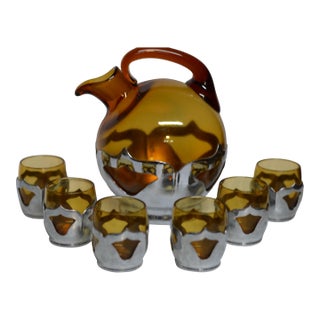 Vintage Farber Bros. Ny Amber Glass Decanter and Six Metal Overlay Glasses - Set of 7 For Sale