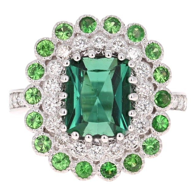 4.06 Carat Tourmaline Diamond 14 Karat White Gold Cocktail Ring, Size 7 For Sale