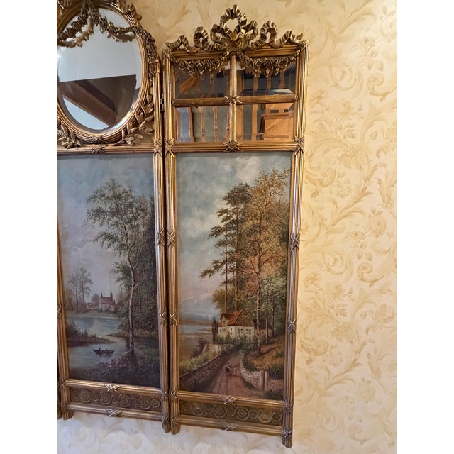 Late 19th Century Antique French Giltwood Three-Panel Folding Screen With Hand-Painted Landscapes and Mirror, Circa 1900 For Sale - Image 5 of 5