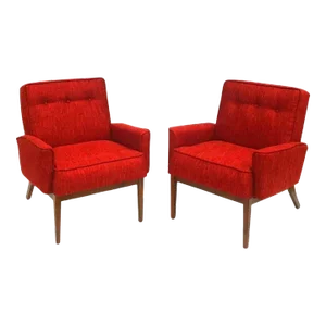 Mid Century Modern 1960s Walnut Arm Club Lounge Chairs, Restored- Set of 2