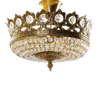 1960s Small Brass & Crystal Semi Flush Mount Basket Chandelier For Sale