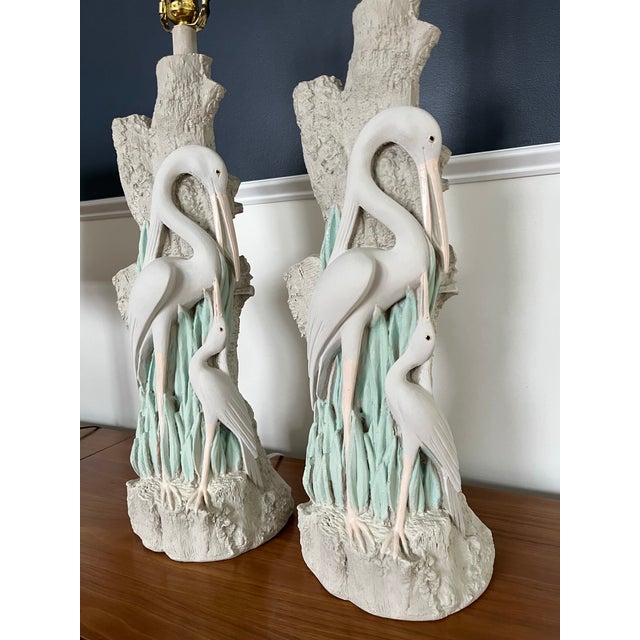 Vintage Faux Bois Plaster Egret Lamps For Sale - Image 4 of 5