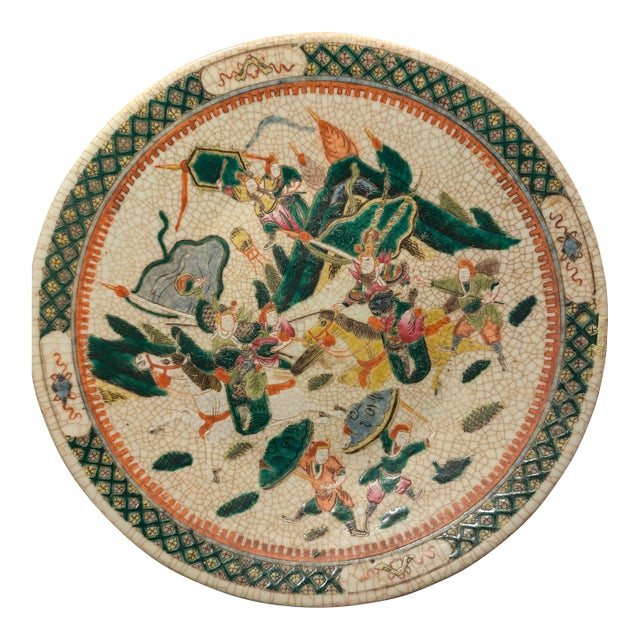 Antique Chinese Crackle Glaze Charger | Nezha Battle Scene | Famille Verte | Late Qing Dynasty c.1880–1920 For Sale