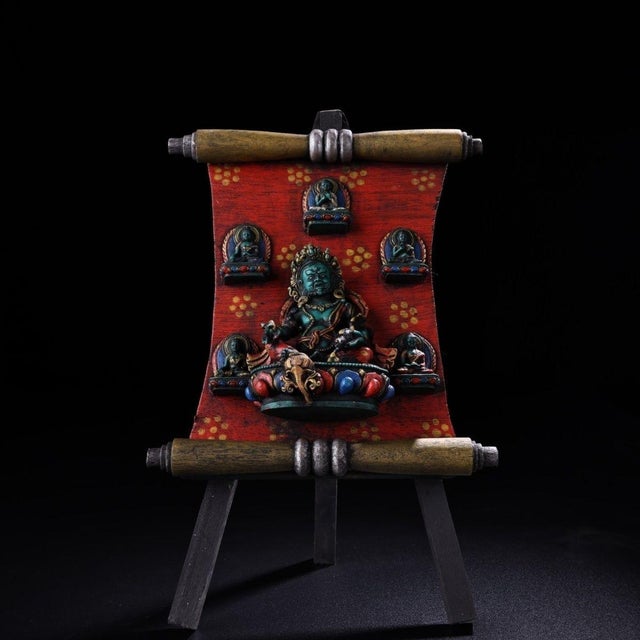 Wood Vintage Tibetan Yellow Jambhala Tsa‑Tsa Shrine Plaque, Wood‑Mounted Painted Clay Buddha Thangka‑Style Wall Decor For Sale - Image 7 of 9