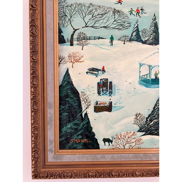 Mid 20th Century Large Vintage Winter Folk Painting by Stan Well For Sale - Image 5 of 13
