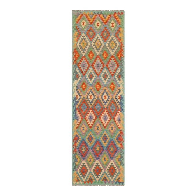 Kilim Rust Blue Hand Woven Rug - 2'9" X 9'7" For Sale