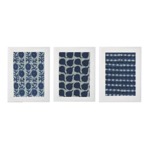 Indigo Fabrics Prints in White Shadowbox - 19" x 25", Set of 3