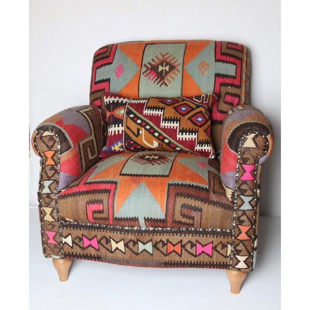 Handmade Armchair Upholstery With Tribal Handwoven Vintage Kilim For Sale - Image 4 of 13