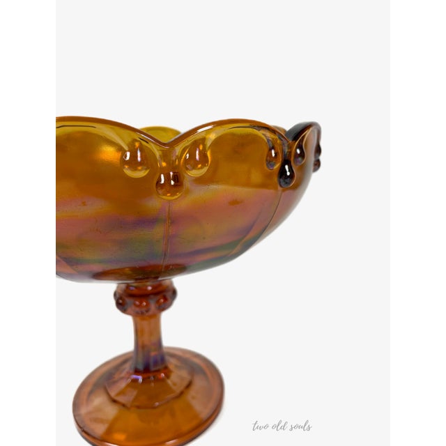 Art Deco Vintage Scalloped Amber Carnival Glass Pedestal Bowl For Sale - Image 3 of 9