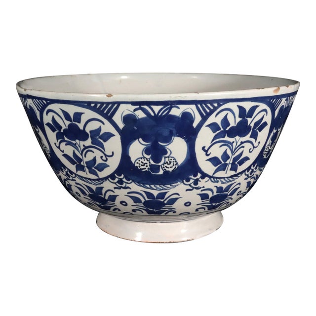 18th Century Dutch Delft Blue & White Chinoiserie Punch Bowl, Circa 1720 For Sale