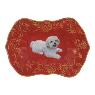 Vintage Red Hand Painted Dog Plate Serving Tray For Sale